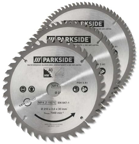 PARKSIDE 3 tlg. Kreissägeblatt HM PSH 210 mm, MPH Z 40/60 / 80 HM Hartmetall für Parkside, Bosch, Black & Decker, Einhell, Makita, Metabo)
