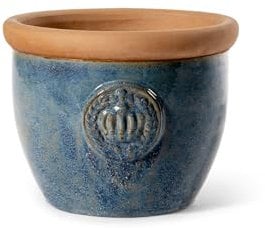 teramico Bac à Plantes - Pot de Fleurs - Rond, émaillé, bombé, en grès et résistant au Gel - pour décoration du Jardin (Bleu Rouille avec Couronne, 32cm)