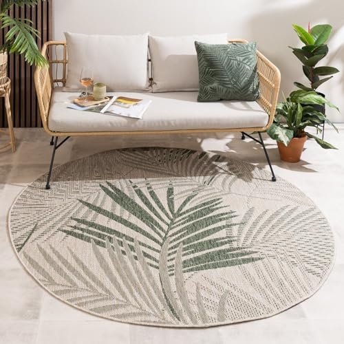 FRAAI | Home & Living In- & Outdoor Teppich Rund - Tiga Palm Grün Ø 100cm - Wetterfest - Polypropylen - Flachgewebe - Wohnzimmer, Esszimmer, Balkon, Garten/Terrasse, Flur - Terrasse - Rug