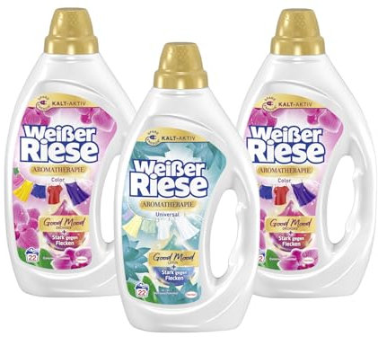 WEISSER RIESE Gel-Set 3x 22 Waschladungen (66WL) Aromatherapie 2x Color Orchidee & 1x Universal Lotus, mit Good Mood-Duft für unwiderstehlich duftende & strahlend saubere Wäsche