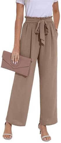 PrinStory Damen Hose Mit Weitem Bein Leichte Sommerhose Elegante Hose Palazzo Hose Mit Gürtel (Taupe, S)