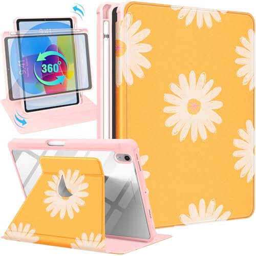 SurgeCraft for iPad Mini 7 A17 Pro 2024/ Mini 6 Case 8.3 Inch 2021, Rotating Stand& Pencil Holder for Women Cute Girls Folio Cover Flower Yellow Flora Auto Sleep/Wake for iPad Mini 7th/6th Gen Cases