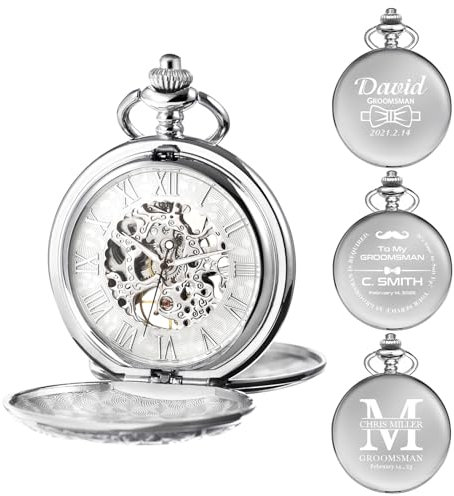 TREEWETO Herren Taschenuhr Personalisiert Gravur Taschenuhr mit Kette Klassische Jahrgang Mechanische Geschenke Geschenk zum Geburtstag Vatertag Vater Vatertagsgeschenk, Silber