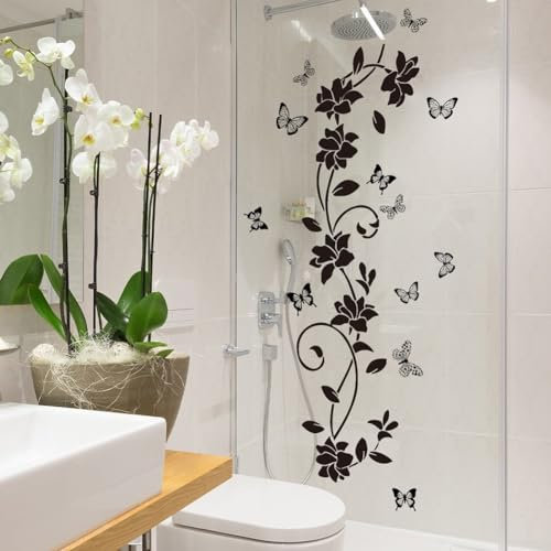 Adesivo da parete con fiori e farfalle, per porta del bagno, fiori di vite, farfalle, alberi, piante, adesivi da parete in PVC, motivo floreale da giardino (A)
