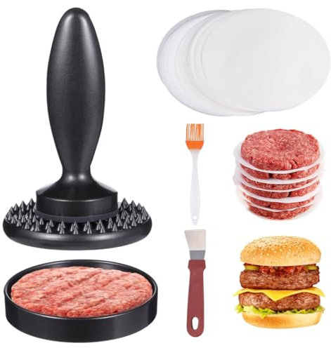 Chewtoyo Moule à viande pour hamburger avec presse à galettes antiadhésives, presse à hamburger, brosse, spatule à griller, papier à galette, passe au lave-vaisselle
