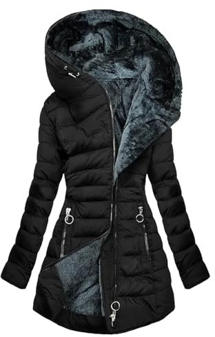 EMATOP Wintermantel Damen Warm Gefüttert Steppjacke Lange Elegant Damenmantel Winter Langarm Parka Jacke mit Kapuze Winterparka Mantel Einfarbig Bequemes Sportjacke Winddicht Outdoorjacke