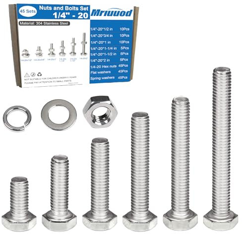 Kit surtido de 180 tuercas y pernos de 1/4-20, rosca de 1/10.2 cm-20, 6 tamaños 5.1 cm, 1-1/5.1 cm, 1-1/10.2 cm, 2.5 cm, 3/10.2 cm, 1/5.1 cm de largo 1/4-20, tuercas hexagonales, arandelas planas