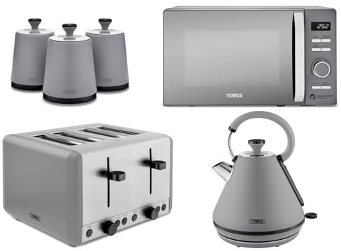 Tower Sera Pyramid Kettle, 4 Slice Toaster & Canisters in Grey with Smoked Black Trim Plus 800W 20L Renaissance Microwave T24039GRY. Contemporary Tower Kitchen Bundle Set in Grey