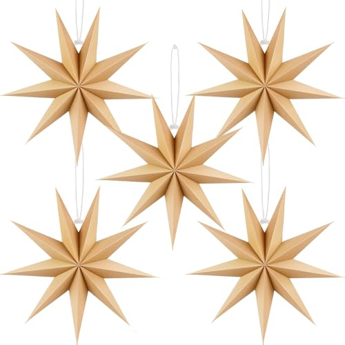 BestoFun 5 PCS Brown Paper Star Lanterns Hanging Stars Christmas Party Decorations Hanging Lampshade Christmas Wedding Birthday Home Party Decorations(12 Inch)