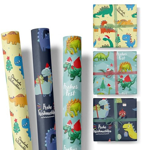 Geschenkpapier Kinder Weihnachten – 3 Rollen im Set – Motive: Dinosaurier – Dino Geschenkpapier Weihnachten – Weihnachtsgeschenkpapier Mädchen und Jungen – Rolle: 47 cm breit, 3 m lang - SET 1