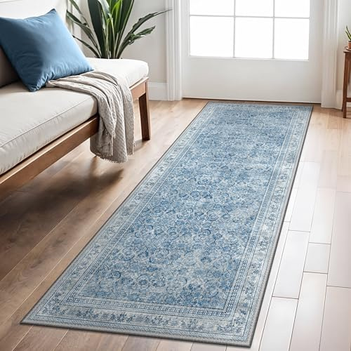BEIMO Läufer Flur 80x200cm, Vintage Waschbarer Teppich Blau | Boho Orientalisch Wohnzimmerteppich, Weicher Kurzflor Klein Carpet mit Rutschfester für Eingang, Bettvorleger Schlafzimmer