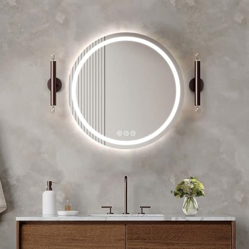 Ratsamee Badezimmerspiegel mit Beleuchtung, 50cm Runder Spiegel mit Beleuchtung, Wandspiegel mit Frontbeleuchtung, Antibeschlagfunktion, Dimmbar, mit 3 Einstellbaren Lichtfarben