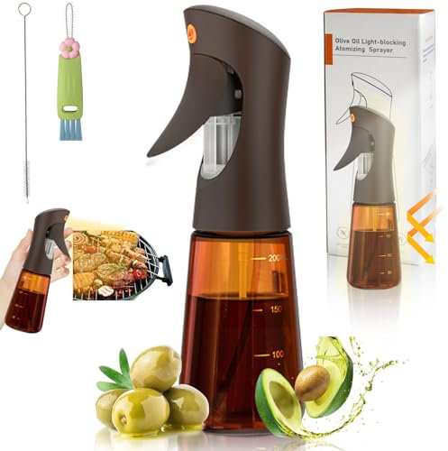 SHEGZHUC Ölsprüher für Speiseöl, 200ml Olivenöl Spray Küchen Gadgets, Ölspray für Heißluftfritteuse, Ölflasche Glas, Öl Sprühflasche Braun für Salate, Grillen mit 3 in 1 Deckelbürste ＆ Strohhalmbürste