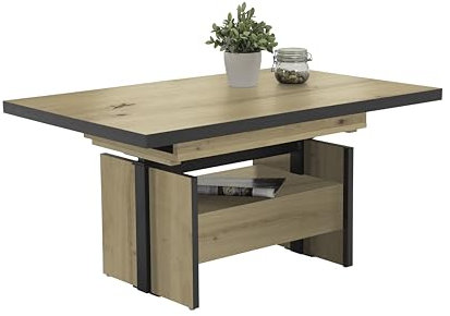 Hela Tische, Funktionscouchtisch Noah, Dekor Artisan Eiche, höhenverstellbar (Esstischhöhe) und ausziehbar, Liftbeschlag Schwarz, Schubkasten Grifflos