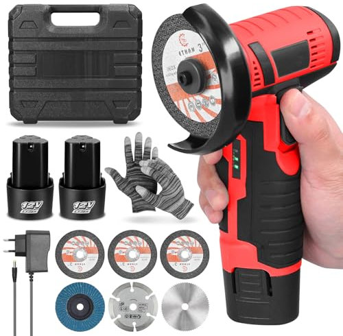 Mini Angle Grinder, 12V Cordless Angle Grinder with 2 x 2000mAh Batteries, Battery Grinder with 7 Cutting Discs, 19500RPM, 76mm Mini Angle Grinder Tool for Cutting Polishing and Sharpening (Red)