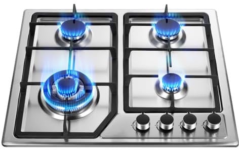 Gas Hob 4 Burners, NG/LPG Convertible, Built-in Stainless Steel Cooktop with Flame Failure Protection, Cast Iron Pan Support