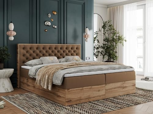 MKS MEBLE Boxspringbett 180x200 mit Bettkasten Holz Holzrahmen, Boxbett 180x200 mit Matratze H3 und Kopfteil - Braun Kunstleder - Albero-3