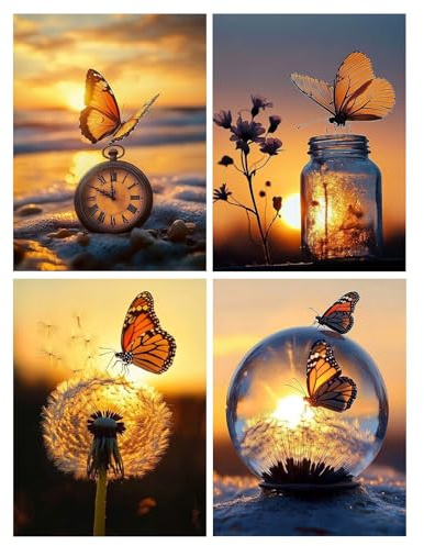 HEIBAGO 5D Diamond Painting Kits, 4 Pack Papillon Diamant Painting Kits Complet, Coucher du Soleil Peinture Diamant pour Adultes, DIY Animaux Cristal Painting pour Murale Décoration 30x40cm