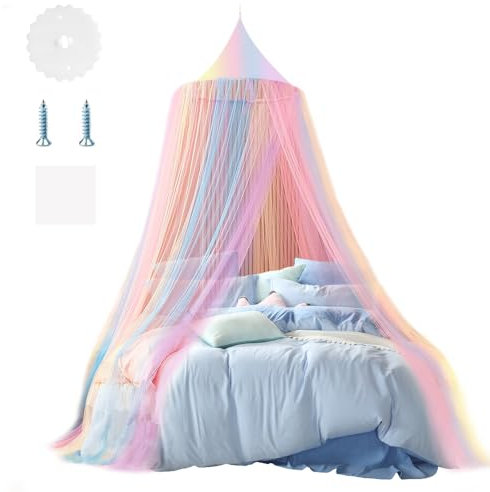 HIQE-FL Moskitonetz Betthimmel Moskitonetz für Kinderbett,Prinzessin Moskitonetz,Baldachin kinderzimmer Regenbogen,Himmelbett Vorhang Doppelbett,Hängendes Mückennetz Bett