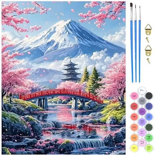 MXJSUA Peinture par Numéros pour Adulte, DIY Peinture Acrylique pour Adultes Débutants Facile sur Toile 40×50 cm avec peintures et pinceaux, Mont Fuji Cerisier (sans Cadre)