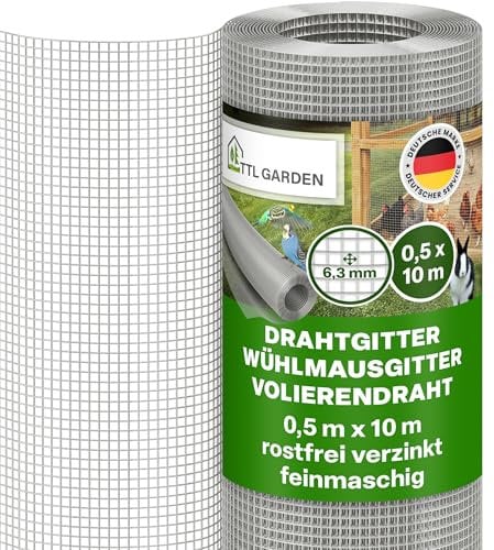 TTL GARDEN 50 cm x 10 m rete metallica zincata a maglia fine antiruggine 6,3 mm, maglia 0,55 mm, spessore filo – su rotolo di rete metallica per voliera, rete per topi ad arvicole, 10 m x 0,5 m di