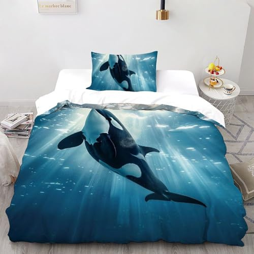SHEVOVER Orca Bettwäsche-Sets 2-teilig Mit Kissenbezügen Wildtier Betten Set Für Jugendliche Kinder Schlafzimmer Single（135x200cm）