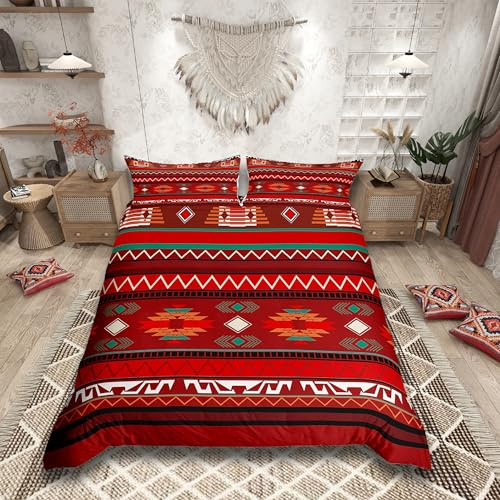 Homemissing Boho Bettwäsche Set 135x200cm Kinder Südwesten Ureinwohner Azteken Bettwäsche-Set für Jungen Mädchen Teens Südwesten Ureinwohner Amerikaner Design Betten Dunkelrot