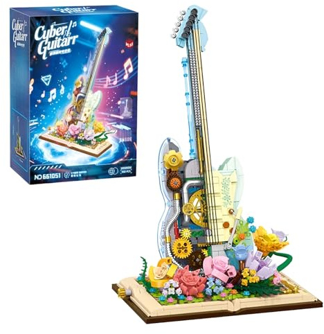 Cyberpunk-Gitarren-Bausatz – 950-teiliges Instrumenten-Mini-Bausteinset mit Blumenständer, futuristisches DIY-Modell, Dekoration Homeoffice, STEM-Lernspielzeug, Kreatives Geschenk für Erwachsene