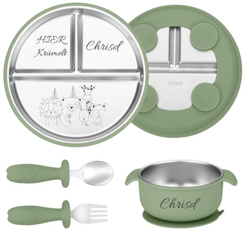 NGTSFLY Personalisiertes Baby Geschirrset mit Tiermotiven Namen, Baby Geschenk Junge Personalisiert, Kinderbesteck mit Edelstahl Teller Saugnapf Schüssel Gabel und Löffel Persönliche (Dunkelgrün)