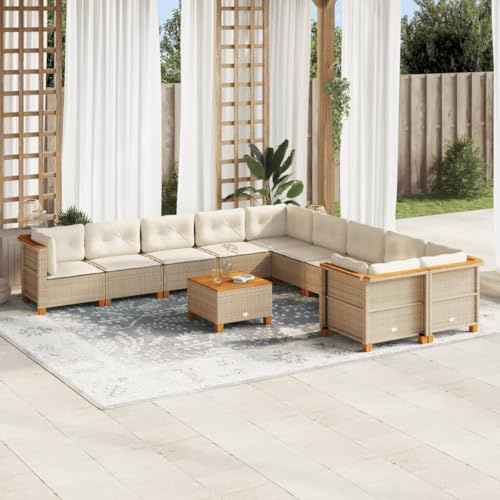 QJBSAVVA 11-teilige Gartenlounge Beige Poly-Rattan 63,5x63,5x62 cm mit Akazienholz-Tisch 55x55x36 cm modular für Terrasse Balkon und kleine Outdoor-Sitzecken