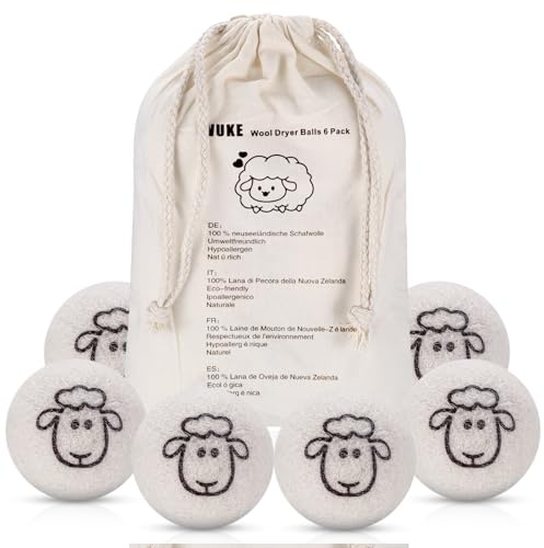 6 x Trocknerbälle für Wäschetrockner, 7cm 100% reiner Schafwolle Trocknerbälle Daunen Daunenjacke, Natürliche Weichspüler Trocknerball, Antistatisch Trocknungszeit Verkürzt, mit Aufbewahrungstasche