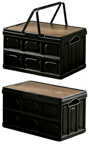 SlateSoul 56L Aufbewahrungsbox mit Deckel, 2er Set - Klappboxen faltbar stabil aus Kunststoff, Campingbox mit Holzdeckel, stapelbar Kofferraum Organizer, Camping Schrank klappbar, 54x36x29cm, Schwarz