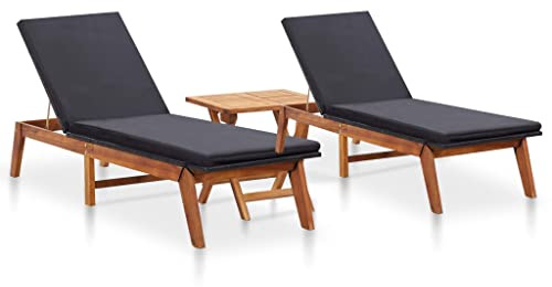XHNIFBN Lot de 2 chaises longues avec table en polyrotin - Noir naturel - 200 x 60 x 86 cm - Dossier réglable - Cadre en bois d'acacia épais rembourré - Pour jardin, terrasse, balcon, plage, piscine
