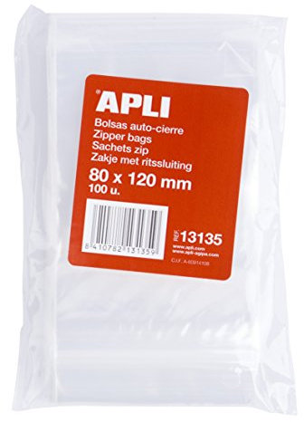 APLI 13135 Lot de 100 sacs en plastique avec fermeture automatique, 80 x 120 mm, multicolore