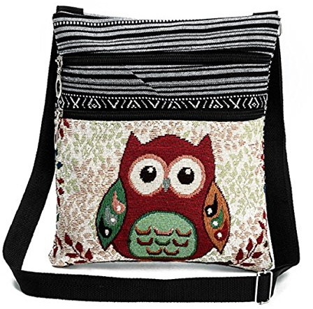Flache Umhängetasche Schultertasche Stofftasche Tragetasche Messenger Bag für Damen Bestickter Ethno Style mit niedlichem Eulenmotiv 2 Innenfächer (Rote Eule)