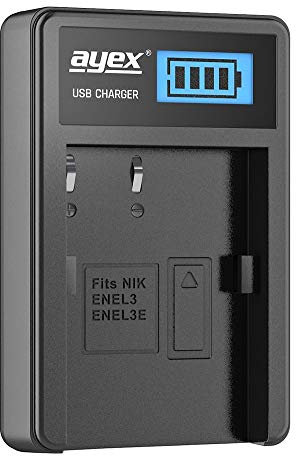ayex Chargeur USB pour Batterie Nikon Type EN-EL3e - Chargement Via Prise d'alimentation USB, Ordinateur Portable, Batterie Externe ou PC - Écran LCD avec indicateur de Charge
