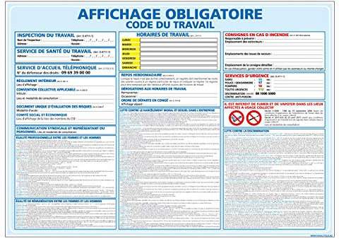 Panneau - Affichage Obligatoire - Code du Travail - Plastique Rigide PVC 1,5 mm - Dimensions 300 x 210 mm - Protection Anti-UV