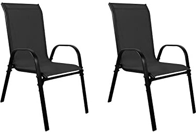 FineHome 2 Stück XL Stapelsessel Gartenstuhl Gartensessel Textilenbespannung schwarz Gartenmöbel stapelbar Metall schwarz