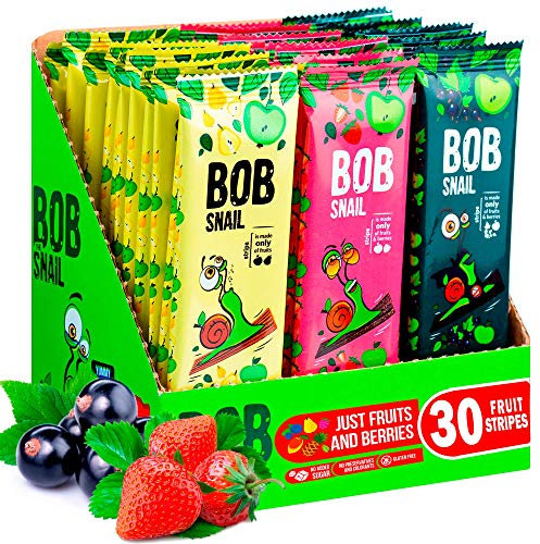 BOB SNAIL Vegan Sweets Barras para Niños y Adultos - 30 Tiras sin Gluten con Fresa Pera Manzana y Grosella Negra Deshidratadas - Barrita de Fruta Vegana y Baja en Carbohidratos