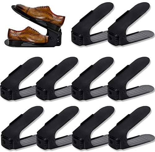 Froadp Zapatero Ajustable 10 piezas Portátil de Plástico Ajustable en Altura 3 Niveles Organizadores de Zapatos Soporte para Entrada Armario Vestidor(Negro)