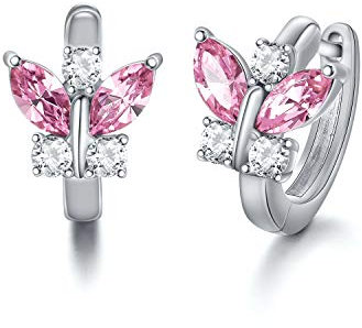 AOBOCO Creolen Schmetterlinge Sterling Silber 925 Kinder Ohrringe Mädchen mit Kristallen, Schmetterling Schmuck Geschenke für Frauen (Rosa)