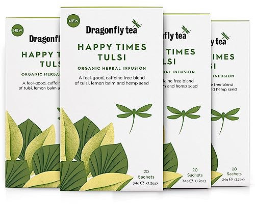 Dragonfly Happy Times Tulsi Tea | Pack of 4 x 20 Organic Tea Bags (80 Teabags) | Herbal Tea Bags | Tulsi Tea Bags | Caffeine-Free Tea | Uplifting Herbal Tea Bags | Compostable Tea Bags