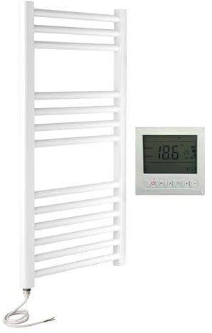 Greened House Milano White Flat Electric Towel Rail W500mm x H800mm Flat Electric Towel Radiator with Timer