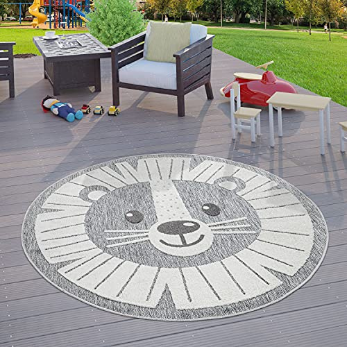 TT Home Kinderzimmer Outdoor Teppich Kinder Rund Spielteppich 3D Optik Löwe Grau, Größe:120 cm Rund