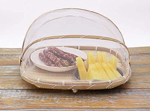 Cloche alimentaire en bambou tissé à la main, anti-moustiques, panier de service pour fruits et gâteaux, couvercle en maille pour une utilisation en extérieur 33 x 33 x 4 cm