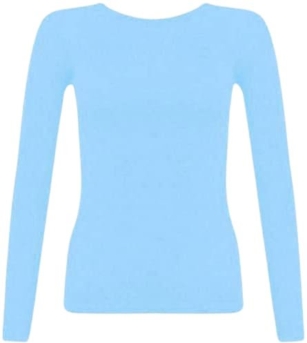 New Ladies Long Sleeve Round Neck Plain Basic Women's Stretch T-Shirt (Sky Blue, 10)
