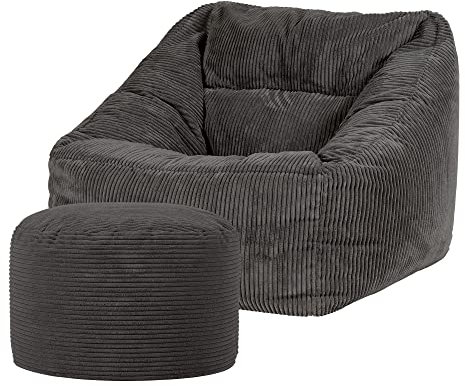 Icon Natalia Sitzsack Sessel mit Hocker für Erwachsene, Dunkelgrau, Flauschiger Cord Stoff, Riesen Sitzsack Cord mit Füllung, Bean Bag Chair, Bequemer Sessel Wohnzimmer, Lounge, Schlafzimmer, Büro