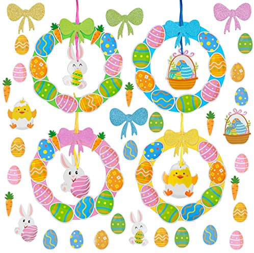 WEDNOK 8 Pieces Easter Kids DIY Wreath Kits Easter Wreath Crafts Set Creative Handmade Wreath Bunny Chick Egg Easter Art Wreath Kit for Children Girl Boy School Craft Group Activities Party Decoration