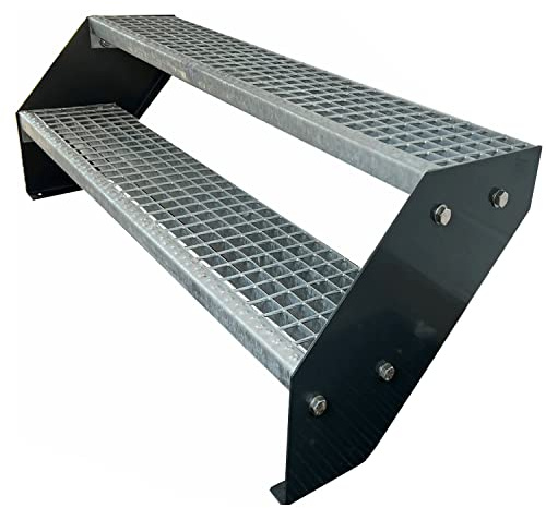 Kaminbau Mierzwa Premium Stahl Treppe Verzinkt & Anthrazit Pulverbeschichtet 2 Stufen (Breite 60 cm) (Höhe 38 cm) Wetterfest Gitterroststufe Gartentreppe