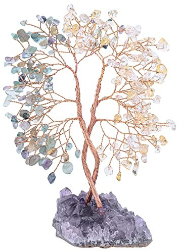 KYEYGWO Citrine & Fluorite Heilung Kristall Geldbaum auf Natürlichen Amethyst Drusensegment Rohstück Basis, Feng Shui Bonsai Baum Deko Stein Glückbaum Liebe Edelsteinbaum Ornament
